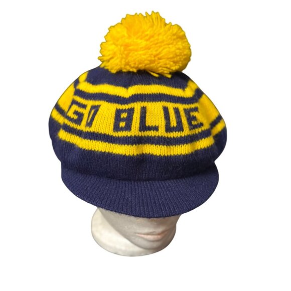 Vintage Michigan Wolverines "Go Blue" Knit Pom Pom Beanie Hat - Picture 1 of 4